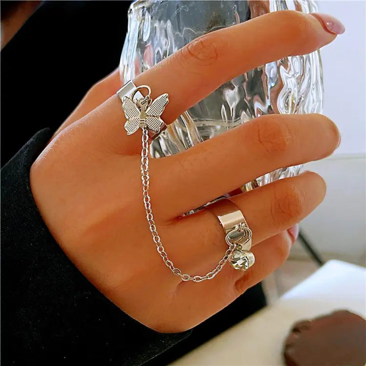 2 Finger Silver Butterfly Rings